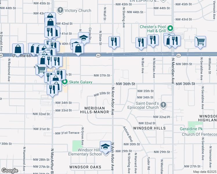 map of restaurants, bars, coffee shops, grocery stores, and more near 5503 Northwest 36th Street in Warr Acres