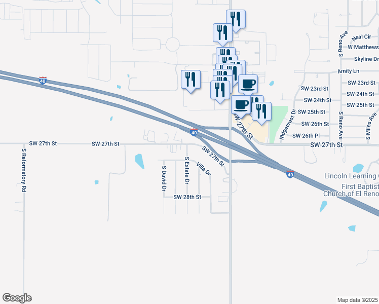 map of restaurants, bars, coffee shops, grocery stores, and more near 1817 Southwest 27th Street in El Reno