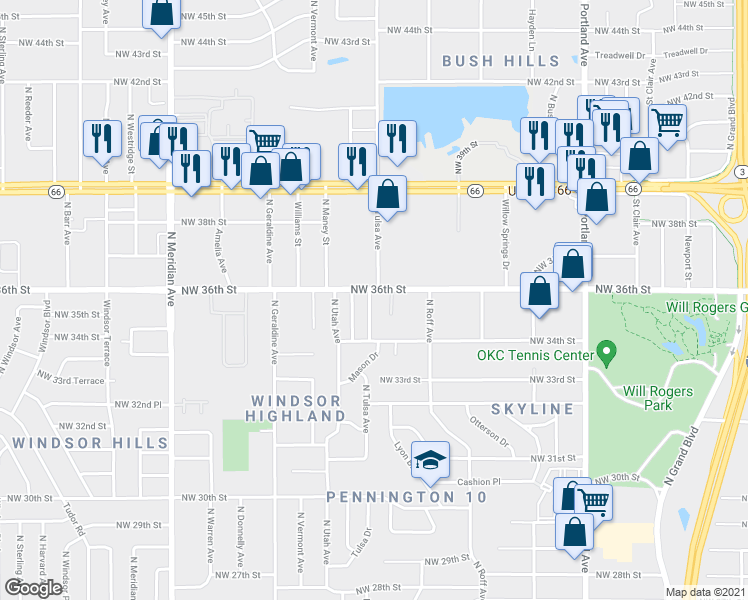map of restaurants, bars, coffee shops, grocery stores, and more near 3614 North Tulsa Avenue in Oklahoma City