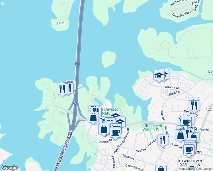 map of restaurants, bars, coffee shops, grocery stores, and more near 930 Jetton Street in Davidson