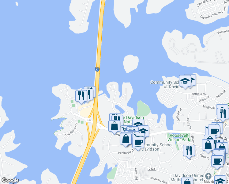 map of restaurants, bars, coffee shops, grocery stores, and more near 917 Northeast Drive in Davidson