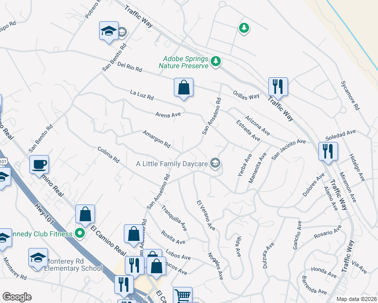 map of restaurants, bars, coffee shops, grocery stores, and more near 4591 San Anselmo Road in Atascadero