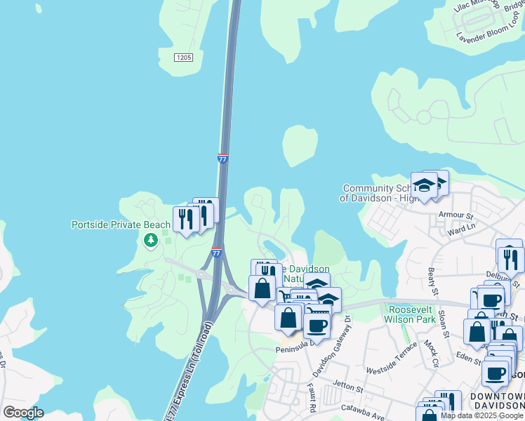 map of restaurants, bars, coffee shops, grocery stores, and more near 713 Northeast Drive in Davidson