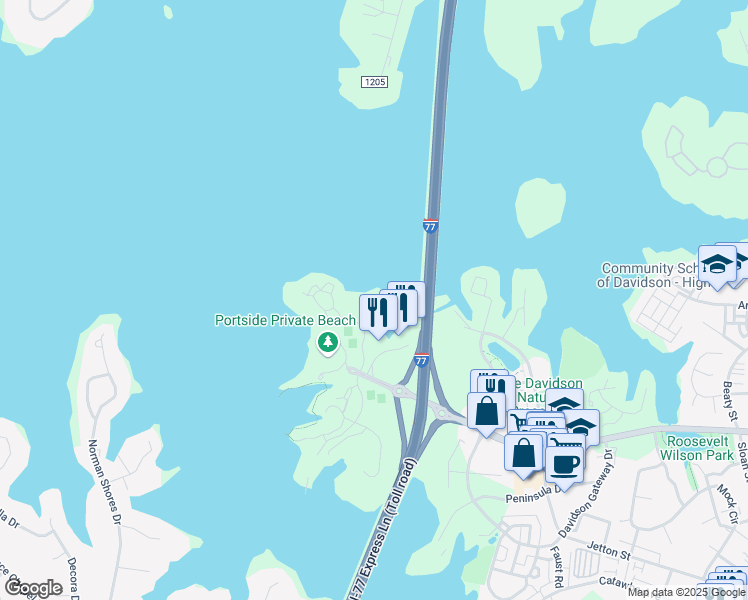 map of restaurants, bars, coffee shops, grocery stores, and more near 372 Northwest Drive in Davidson