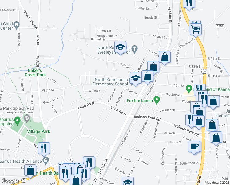 map of restaurants, bars, coffee shops, grocery stores, and more near 616 Poplar Avenue in Kannapolis
