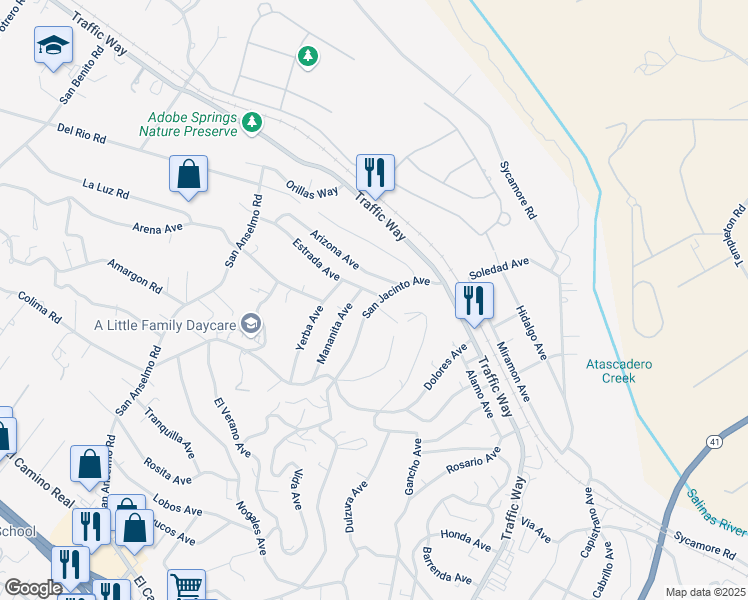 map of restaurants, bars, coffee shops, grocery stores, and more near 4827 Estrada Avenue in Atascadero