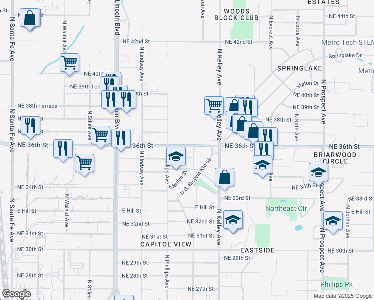 map of restaurants, bars, coffee shops, grocery stores, and more near 828 Northeast 36th Street in Oklahoma City