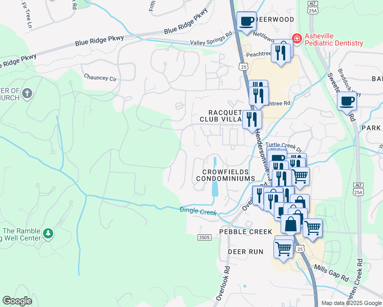 map of restaurants, bars, coffee shops, grocery stores, and more near 463 Crowfields Drive in Asheville
