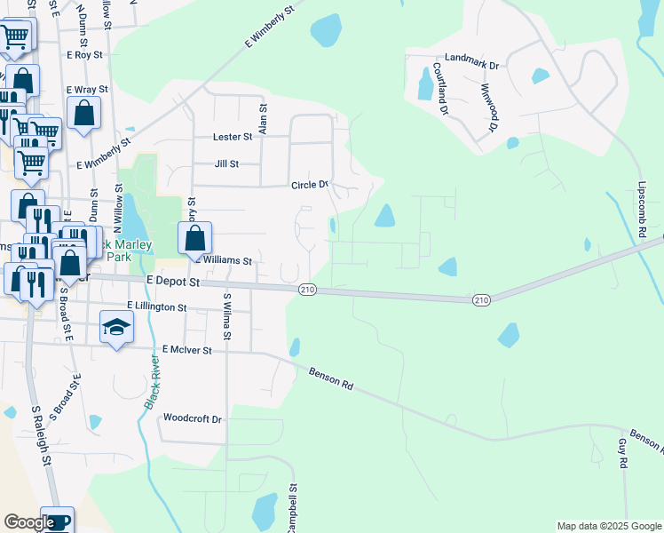 map of restaurants, bars, coffee shops, grocery stores, and more near 170 Sundowner Lane in Angier