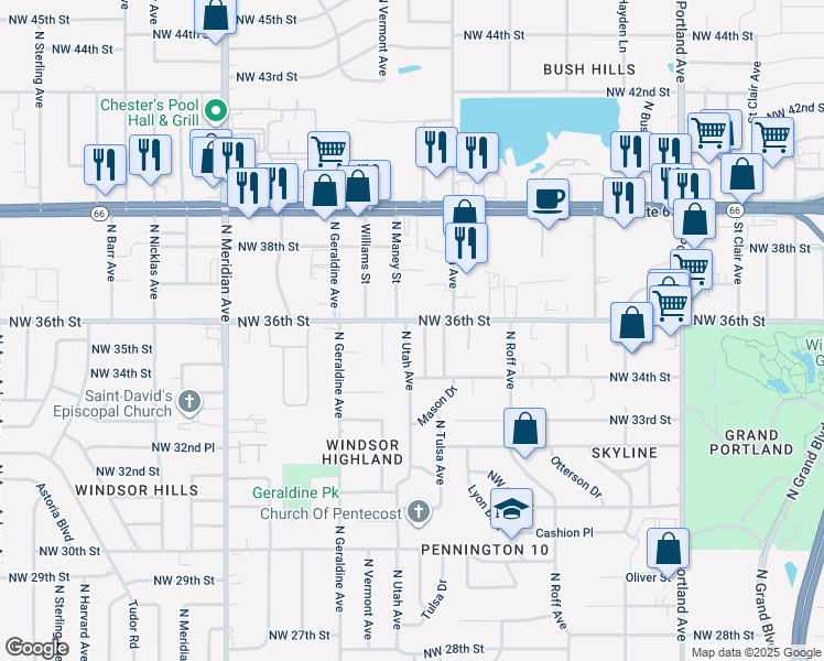 map of restaurants, bars, coffee shops, grocery stores, and more near 4131 Northwest 36th Street in Oklahoma City