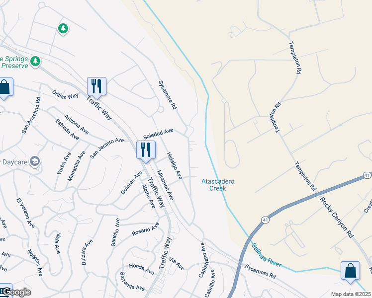 map of restaurants, bars, coffee shops, grocery stores, and more near 4620 Sycamore Road in Atascadero