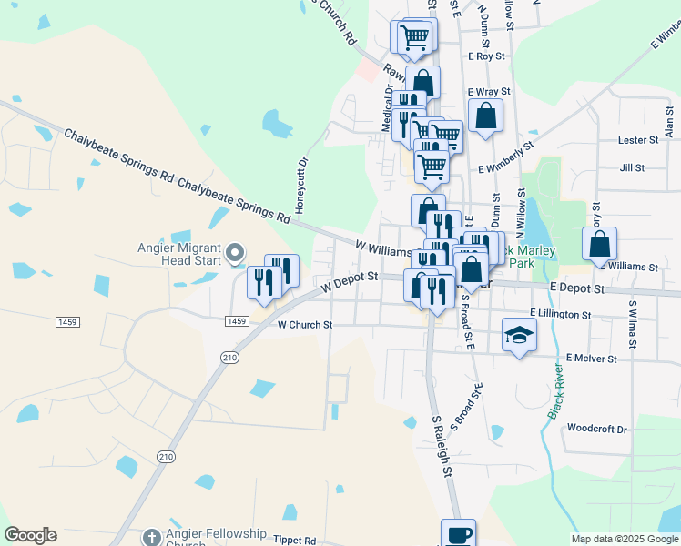 map of restaurants, bars, coffee shops, grocery stores, and more near 42 North Cross Street in Angier