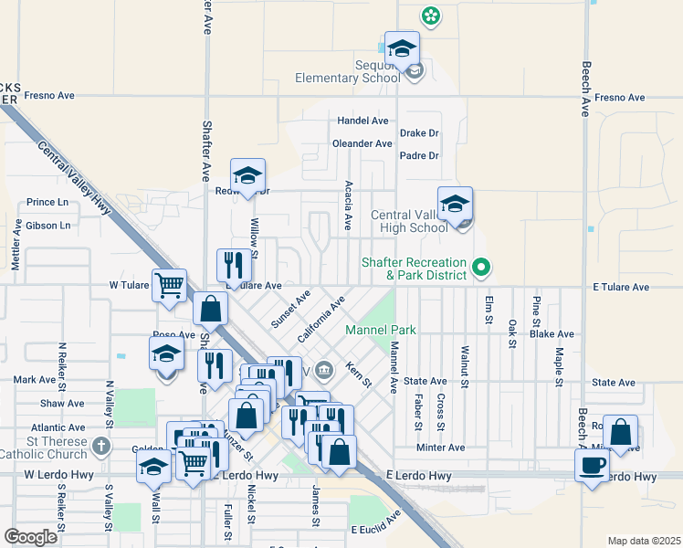 map of restaurants, bars, coffee shops, grocery stores, and more near 515 Acacia Avenue in Shafter