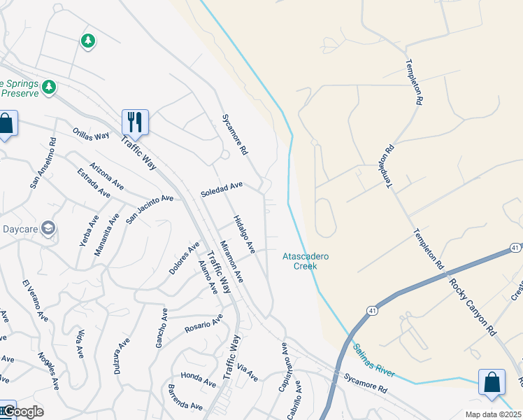 map of restaurants, bars, coffee shops, grocery stores, and more near 4620 Sycamore Road in Atascadero