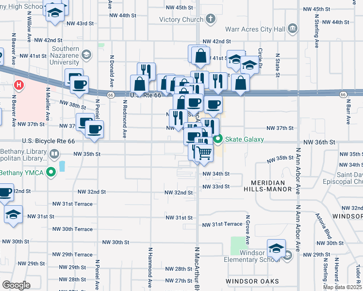 map of restaurants, bars, coffee shops, grocery stores, and more near 5932 Northwest 36th Street in Warr Acres