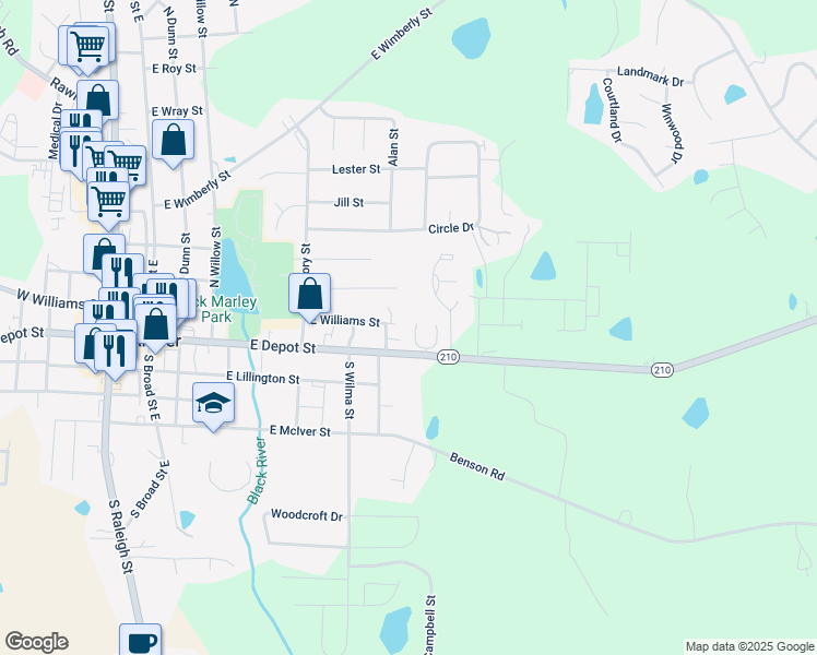map of restaurants, bars, coffee shops, grocery stores, and more near 77 West Myrtle Drive in Angier