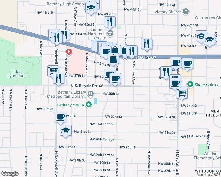 map of restaurants, bars, coffee shops, grocery stores, and more near 3700 North College Avenue in Bethany