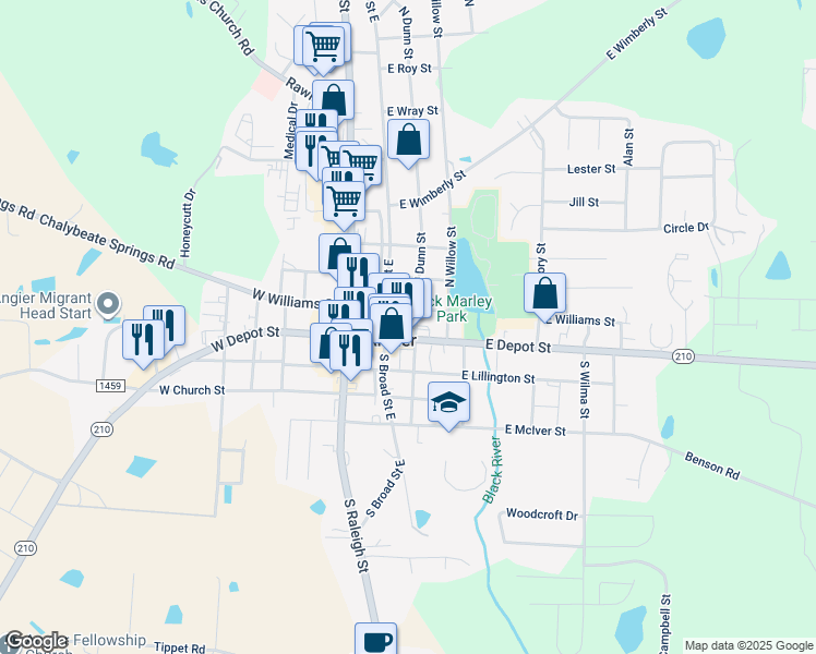 map of restaurants, bars, coffee shops, grocery stores, and more near 31 North Dunn Street in Angier