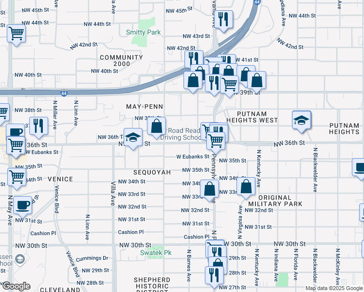 map of restaurants, bars, coffee shops, grocery stores, and more near 2212 Northwest 36th Street in Oklahoma City