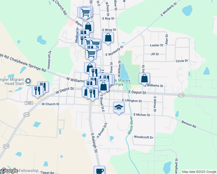map of restaurants, bars, coffee shops, grocery stores, and more near 31 North Dunn Street in Angier