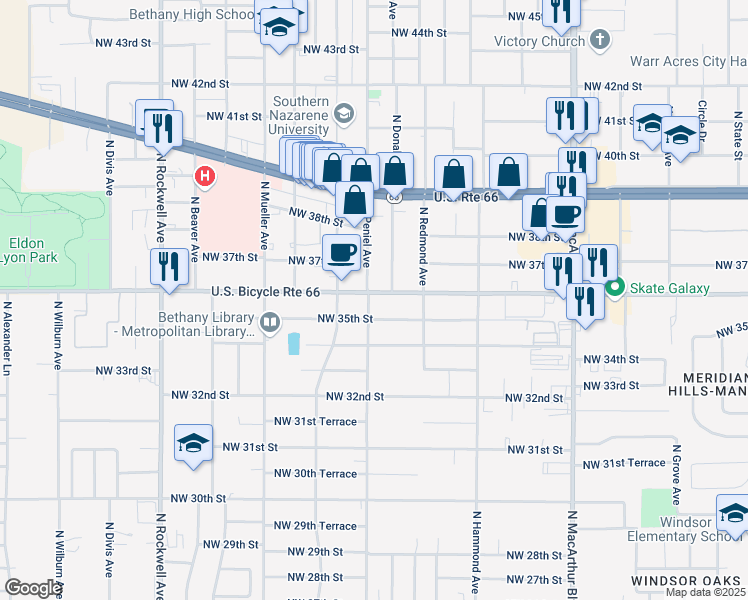 map of restaurants, bars, coffee shops, grocery stores, and more near 6509 Northwest 36th Street in Bethany