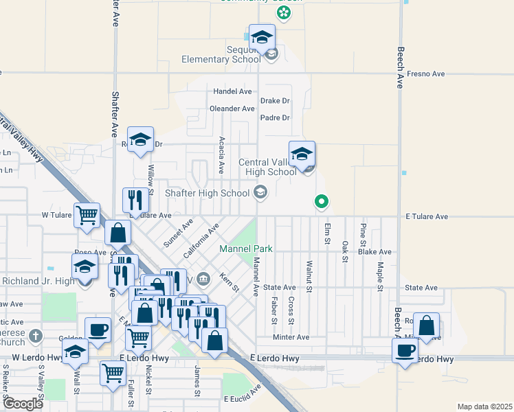 map of restaurants, bars, coffee shops, grocery stores, and more near 526 Mannel Avenue in Shafter