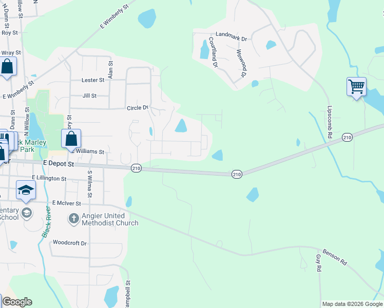 map of restaurants, bars, coffee shops, grocery stores, and more near 170 Sundowner Lane in Angier