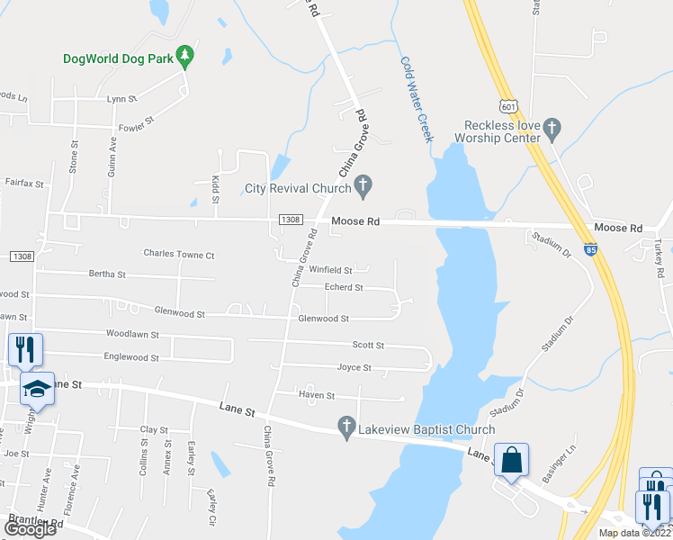 map of restaurants, bars, coffee shops, grocery stores, and more near 2575 Winfield Street in Kannapolis