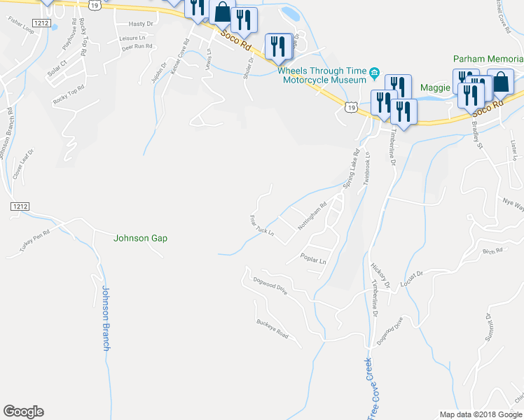map of restaurants, bars, coffee shops, grocery stores, and more near 196 Friar Tuck Lane in Maggie Valley