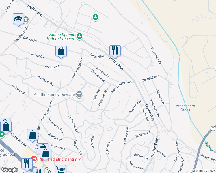 map of restaurants, bars, coffee shops, grocery stores, and more near 4510 Mananita Avenue in Atascadero