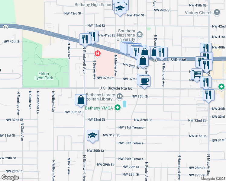 map of restaurants, bars, coffee shops, grocery stores, and more near 6731 Northwest 36th Street in Bethany