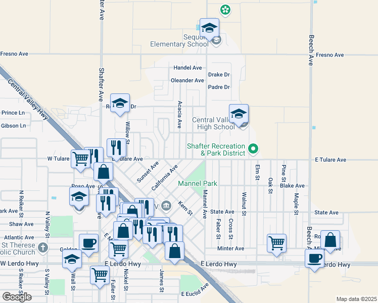 map of restaurants, bars, coffee shops, grocery stores, and more near 550 Acacia Avenue in Shafter