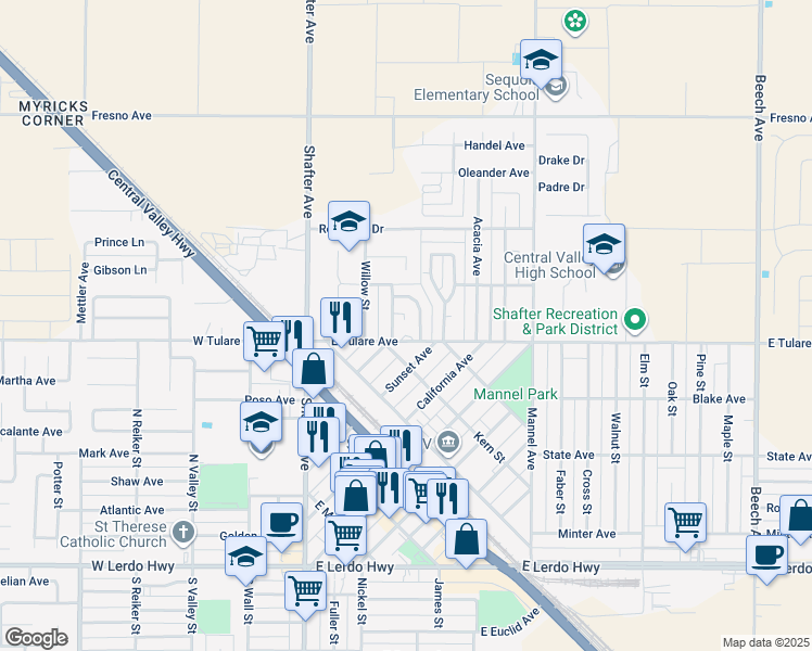 map of restaurants, bars, coffee shops, grocery stores, and more near 561 Harris Drive in Shafter