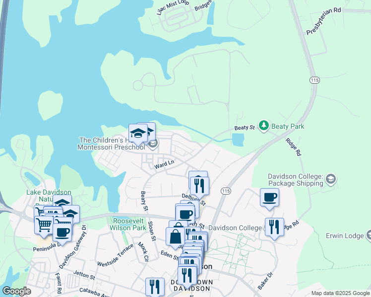 map of restaurants, bars, coffee shops, grocery stores, and more near 835 Naples Drive in Davidson