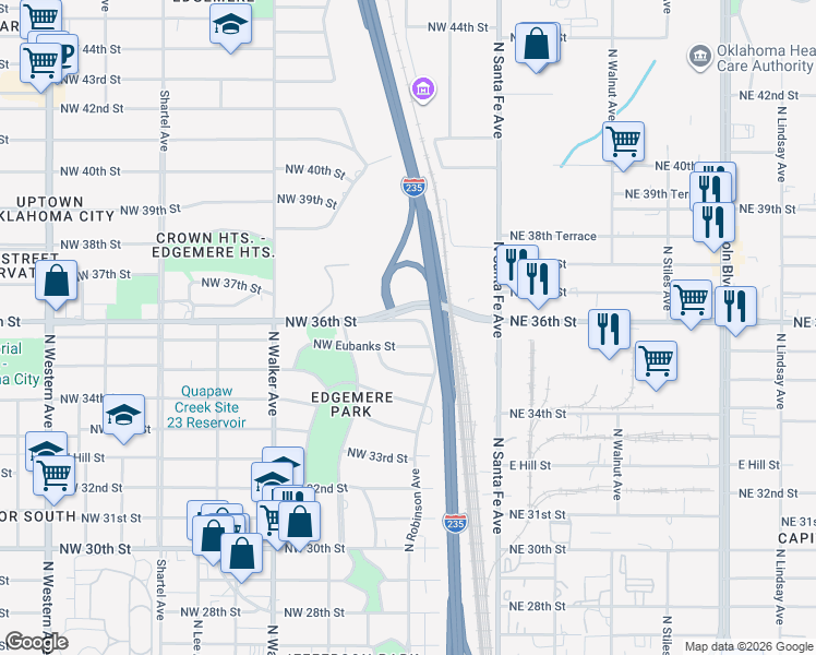map of restaurants, bars, coffee shops, grocery stores, and more near 204 Northwest 36th Street in Oklahoma City