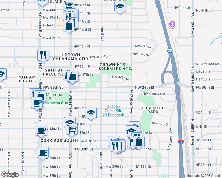 map of restaurants, bars, coffee shops, grocery stores, and more near 612 North Lee Avenue in Oklahoma City