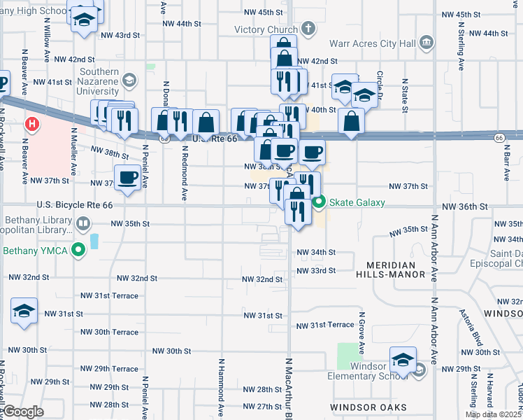 map of restaurants, bars, coffee shops, grocery stores, and more near 5932 Northwest 36th Street in Warr Acres