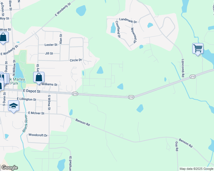 map of restaurants, bars, coffee shops, grocery stores, and more near 57 Bluebottle Street in Angier