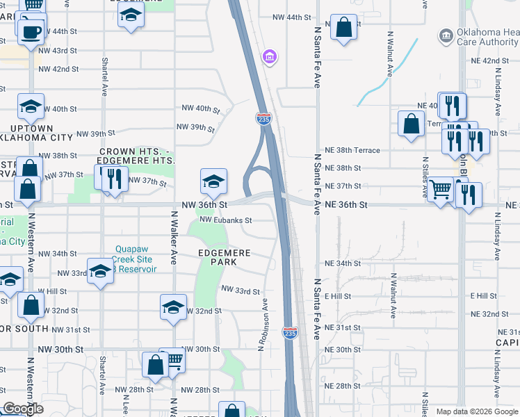 map of restaurants, bars, coffee shops, grocery stores, and more near 204 Northwest 36th Street in Oklahoma City
