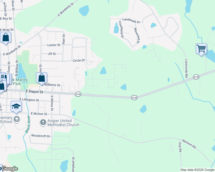map of restaurants, bars, coffee shops, grocery stores, and more near 170 Sundowner Lane in Angier
