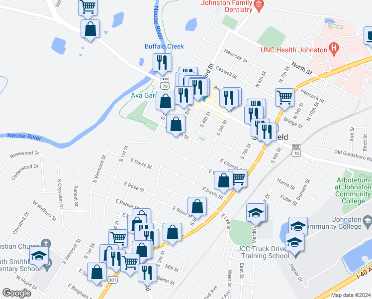 map of restaurants, bars, coffee shops, grocery stores, and more near 310 South 4th Street in Smithfield