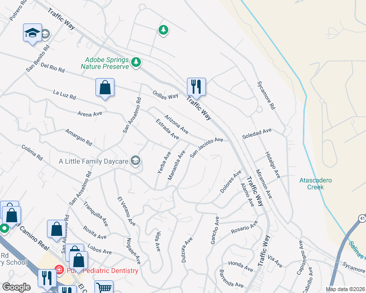 map of restaurants, bars, coffee shops, grocery stores, and more near 4510 Mananita Avenue in Atascadero