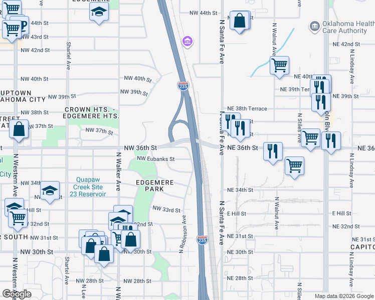 map of restaurants, bars, coffee shops, grocery stores, and more near 204 Northwest 36th Street in Oklahoma City