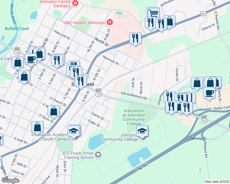 map of restaurants, bars, coffee shops, grocery stores, and more near 1108 Old Goldsboro Road in Smithfield