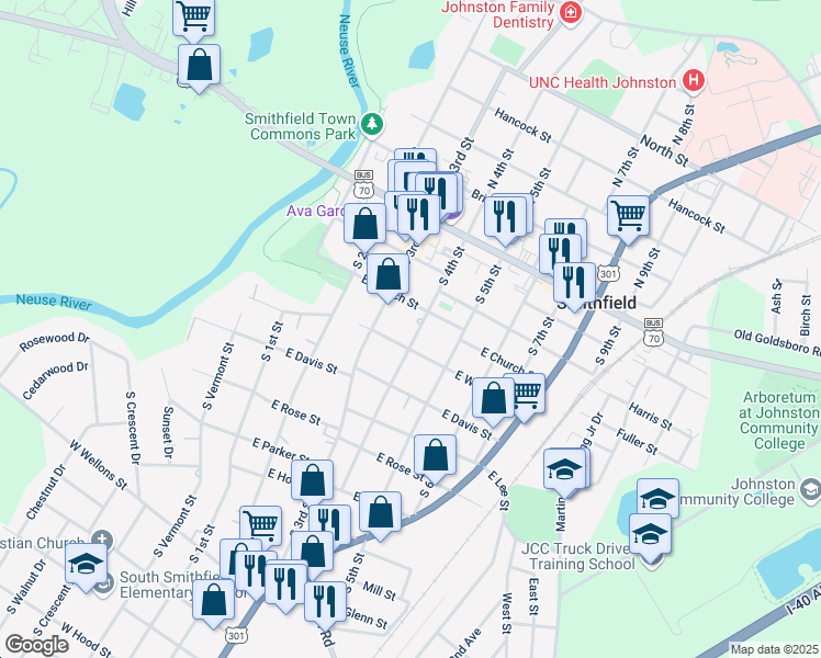 map of restaurants, bars, coffee shops, grocery stores, and more near 310 South 4th Street in Smithfield