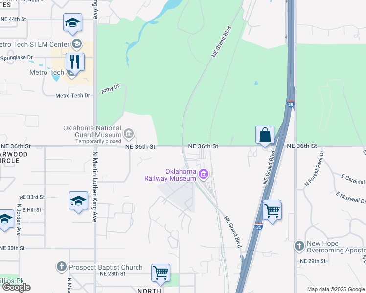 map of restaurants, bars, coffee shops, grocery stores, and more near Northeast Grand Boulevard in Oklahoma City
