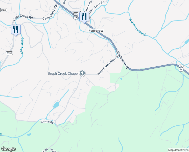 map of restaurants, bars, coffee shops, grocery stores, and more near 1329 Upper Brush Creek Road in Fairview