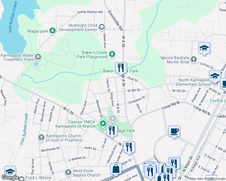 map of restaurants, bars, coffee shops, grocery stores, and more near 1000 Harris Street in Kannapolis