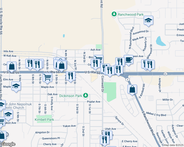map of restaurants, bars, coffee shops, grocery stores, and more near 10 North 1st Street in Yukon