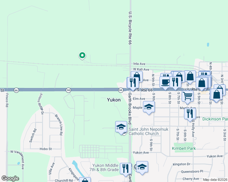 map of restaurants, bars, coffee shops, grocery stores, and more near 1204-1380 Oklahoma 66 in Yukon